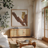 Urban Gold III by Chris Paschke. Shown in a natural wood frame in a cozy modern living room. Available as an archival giclee rolled canvas, fine art paper, or poster print. SKU 86833a.