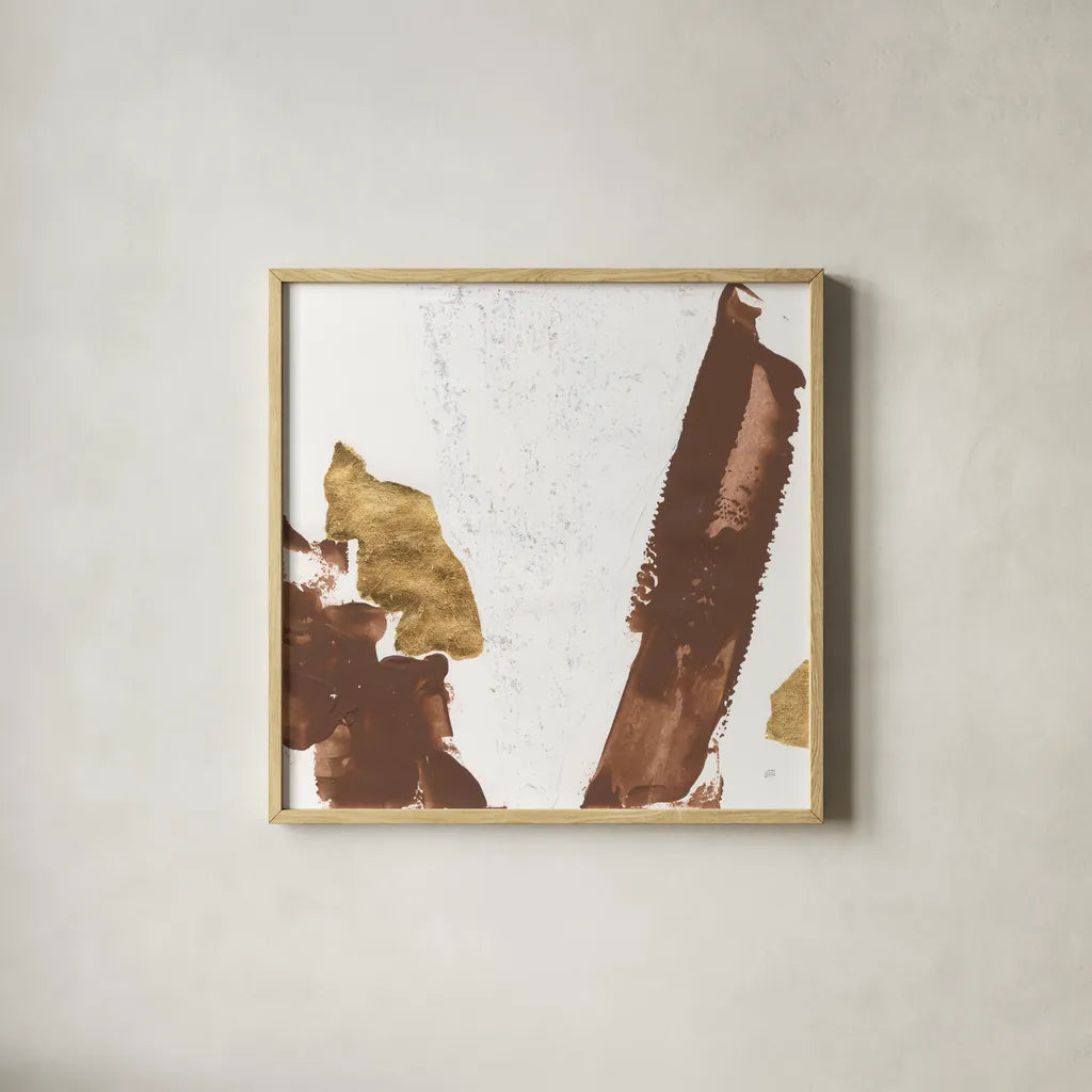 Urban Gold IV by Chris Paschke. Shown in a natural wood glass frame for a timeless modern aesthetic. Available as an archival giclee rolled canvas, fine art paper, or poster print. SKU 86834a.