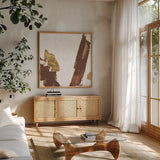 Urban Gold IV by Chris Paschke. Shown in a natural wood frame in a cozy modern living room. Available as an archival giclee rolled canvas, fine art paper, or poster print. SKU 86834a.