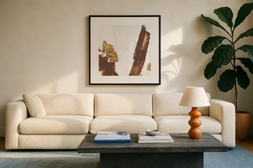 Urban Gold IV by Chris Paschke. Displayed in a glass frame with matte in a clean modern living room. Available as an archival giclee rolled canvas, fine art paper, or poster print. SKU 86834a.