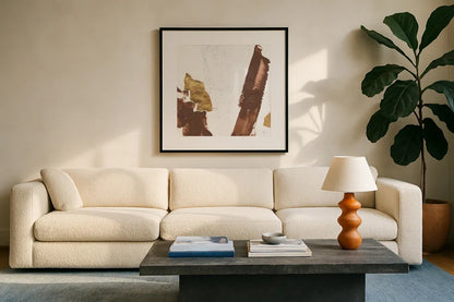 Urban Gold IV by Chris Paschke. Displayed in a glass frame with matte in a clean modern living room. Available as an archival giclee rolled canvas, fine art paper, or poster print. SKU 86834a.
