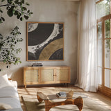 Urban Rainbow II by Chris Paschke. Shown in a natural wood frame in a cozy modern living room. Available as an archival giclee rolled canvas, fine art paper, or poster print. SKU 86794a.