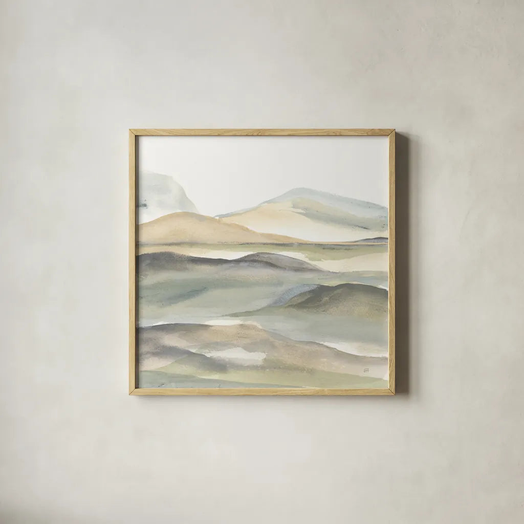 Valleyscape I by Chris Paschke. Shown in a natural wood glass frame for a timeless modern aesthetic. Available as an archival giclee rolled canvas, fine art paper, or poster print. SKU 67668a.