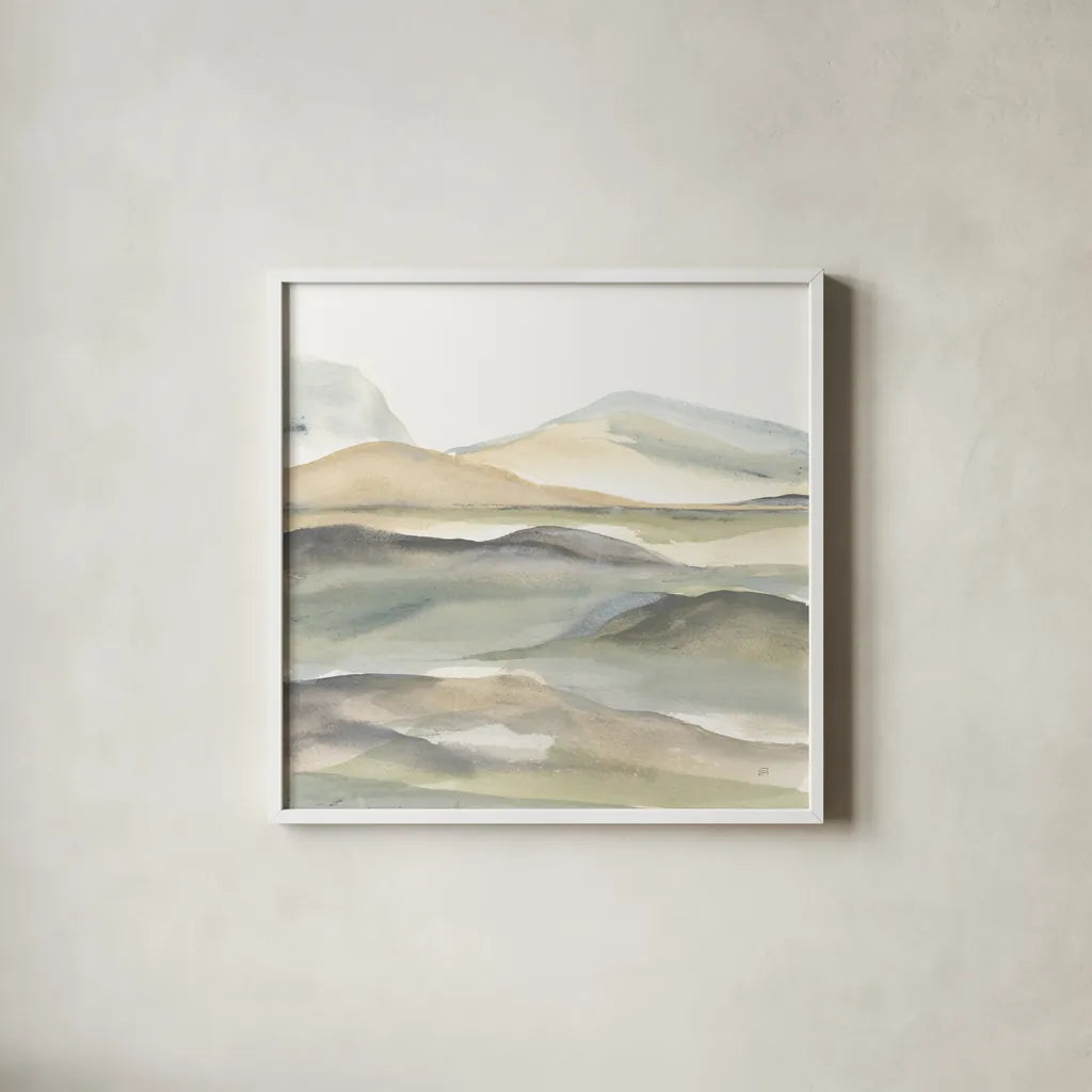 Valleyscape I by Chris Paschke. Shown in a crisp white glass frame for a clean and minimalist style. Available as an archival giclee rolled canvas, fine art paper, or poster print. SKU 67668a.