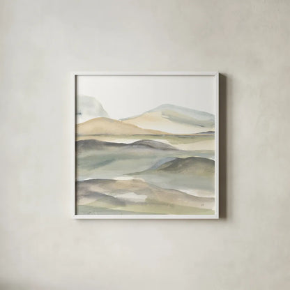 Valleyscape I by Chris Paschke. Shown in a crisp white glass frame for a clean and minimalist style. Available as an archival giclee rolled canvas, fine art paper, or poster print. SKU 67668a.