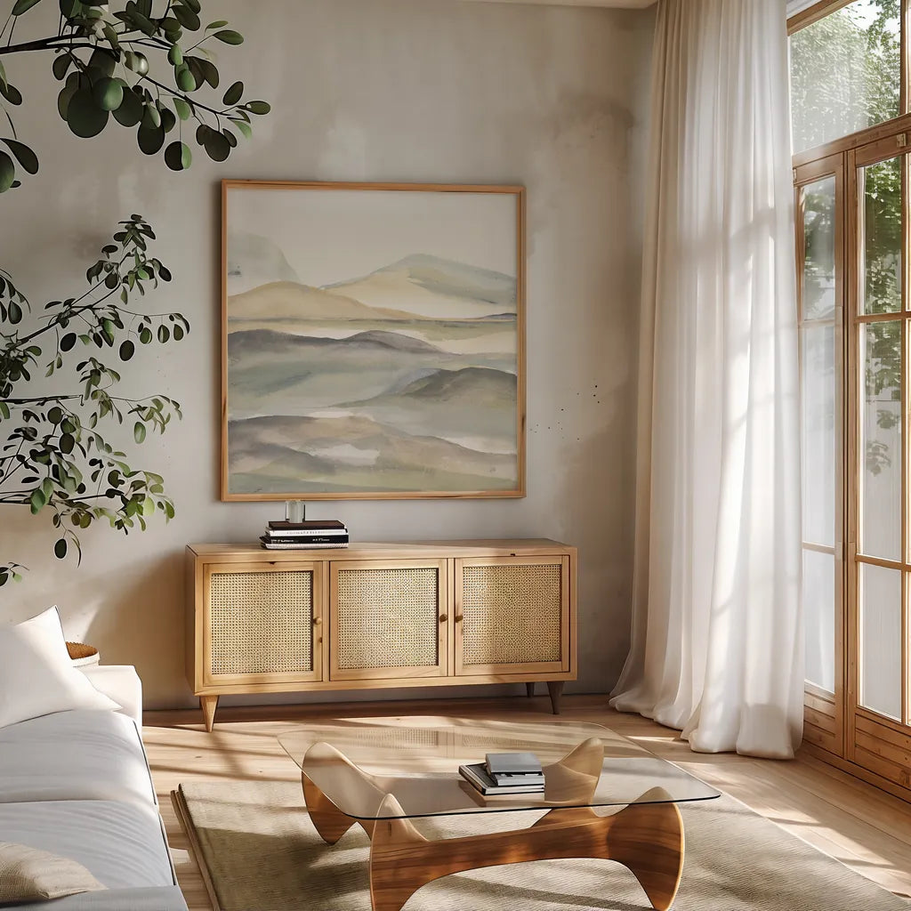 Valleyscape I by Chris Paschke. Shown in a natural wood frame in a cozy modern living room. Available as an archival giclee rolled canvas, fine art paper, or poster print. SKU 67668a.