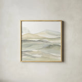 Valleyscape I Green by Chris Paschke. Shown in a natural wood glass frame for a timeless modern aesthetic. Available as an archival giclee rolled canvas, fine art paper, or poster print. SKU 73153a.