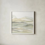 Valleyscape I Green by Chris Paschke. Shown in a crisp white glass frame for a clean and minimalist style. Available as an archival giclee rolled canvas, fine art paper, or poster print. SKU 73153a.