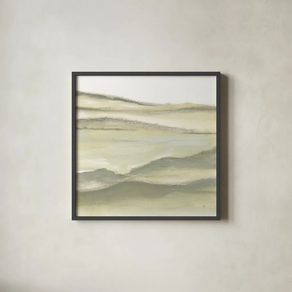 Valleyscape II Green by Chris Paschke. Shown in a sleek black glass frame for a contemporary gallery look. Available as an archival giclee rolled canvas, fine art paper, or poster print. SKU 73154a.