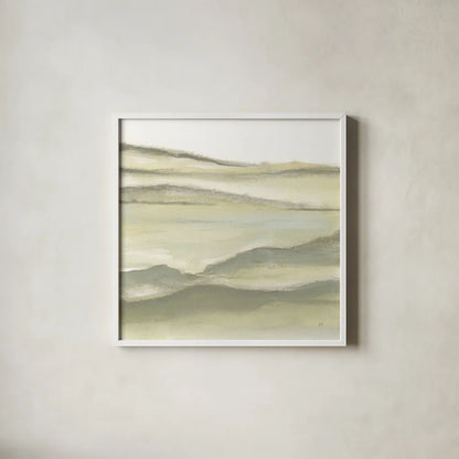 Valleyscape II Green by Chris Paschke. Shown in a crisp white glass frame for a clean and minimalist style. Available as an archival giclee rolled canvas, fine art paper, or poster print. SKU 73154a.