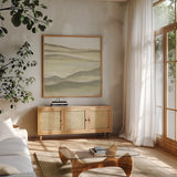 Valleyscape II Green by Chris Paschke. Shown in a natural wood frame in a cozy modern living room. Available as an archival giclee rolled canvas, fine art paper, or poster print. SKU 73154a.