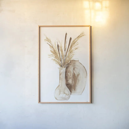 Vase Cattails by Chris Paschke. shown as a paper print in a natural frame. Available as a archival giclee rolled canvas, fine art paper, or poster print. SKU 75451h.