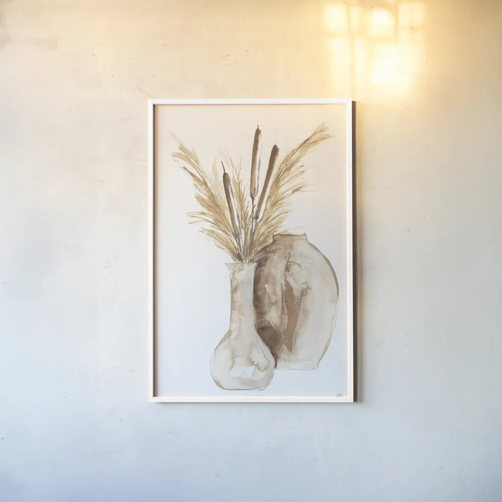 Vase Cattails by Chris Paschke. shown as a paper print in a white frame. Available as a archival giclee rolled canvas, fine art paper, or poster print. SKU 75451h.