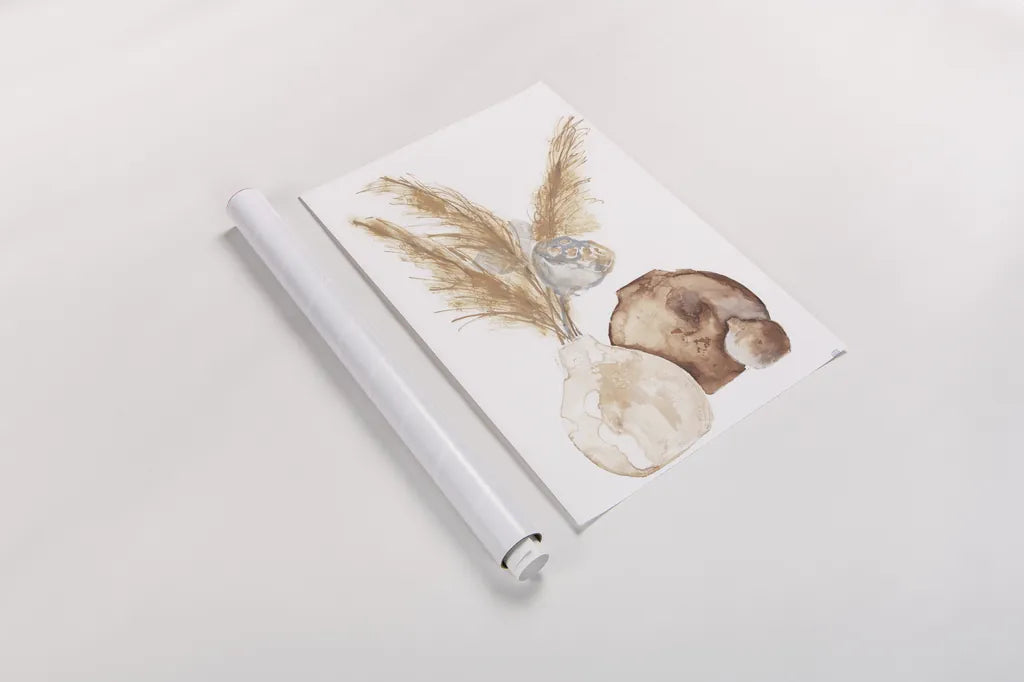 Vase Gray Lotus Pods by Chris Paschke. shown as a rolled paper print. Available as archival giclee rolled canvas, fine art paper, or poster print. SKU 75455h.