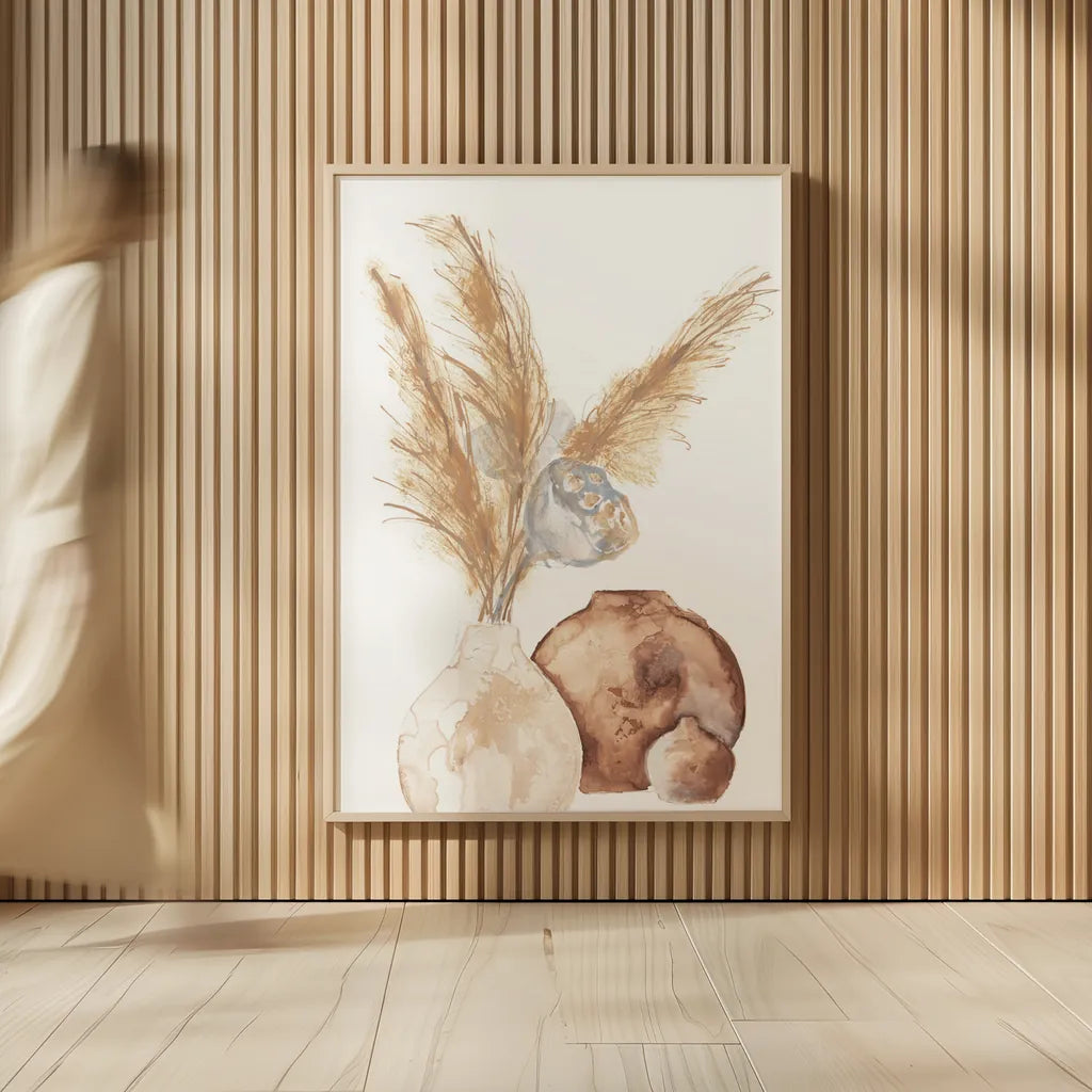 Vase Gray Lotus Pods by Chris Paschke. shown as over sized large wall art. Available as an archival giclee rolled canvas, fine art paper, or poster print. SKU 75455h.