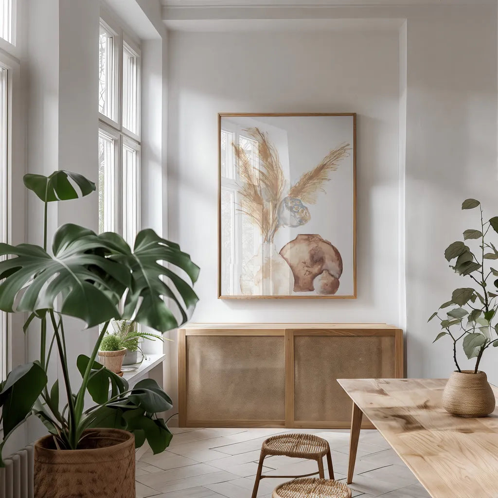 Vase Gray Lotus Pods by Chris Paschke. shown as a print in a natural wood frame in a dining room. Available as a archival giclee rolled canvas, fine art paper, or poster print. SKU 75455h.