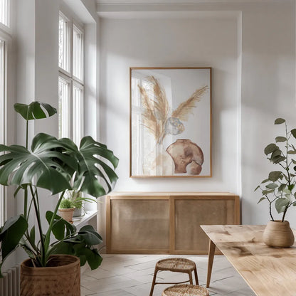 Vase Gray Lotus Pods by Chris Paschke. shown as a print in a natural wood frame in a dining room. Available as a archival giclee rolled canvas, fine art paper, or poster print. SKU 75455h.