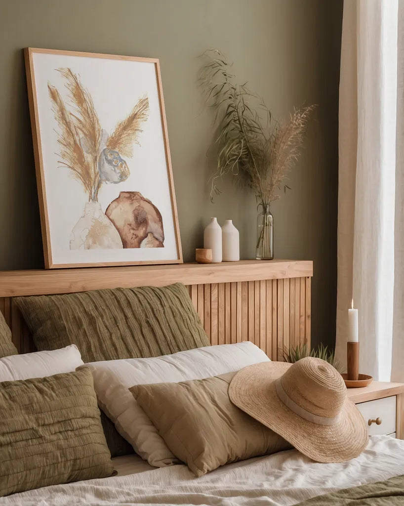 Vase Gray Lotus Pods by Chris Paschke. shown as a paper print in a natural frame. Available as a archival giclee rolled canvas, fine art paper, or poster print. SKU 75455h.