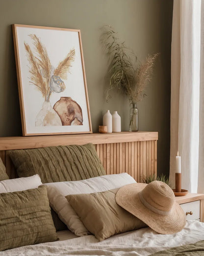 Vase Gray Lotus Pods by Chris Paschke. shown as a paper print in a natural frame. Available as a archival giclee rolled canvas, fine art paper, or poster print. SKU 75455h.