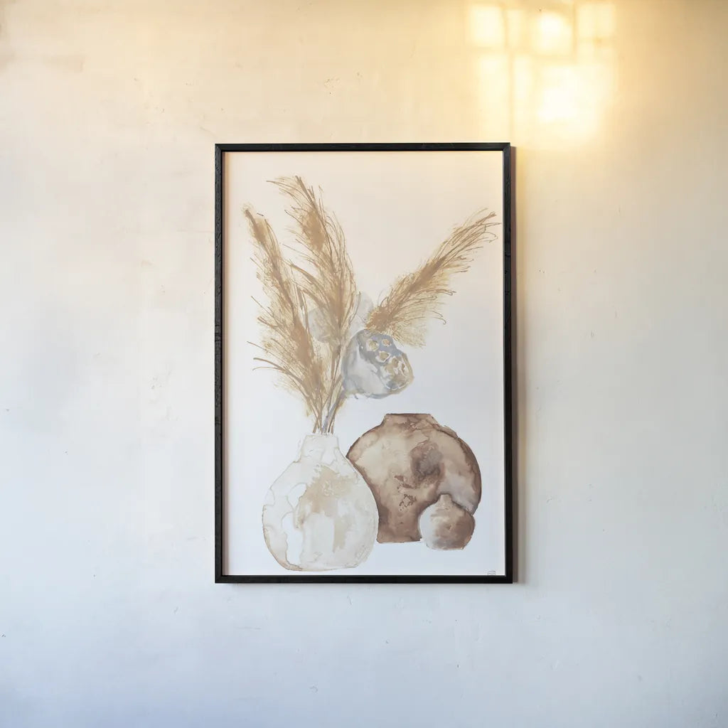 Vase Gray Lotus Pods by Chris Paschke. shown as a paper print in a black flame. Available as a archival giclee rolled canvas, fine art paper, or poster print. SKU 75455h.