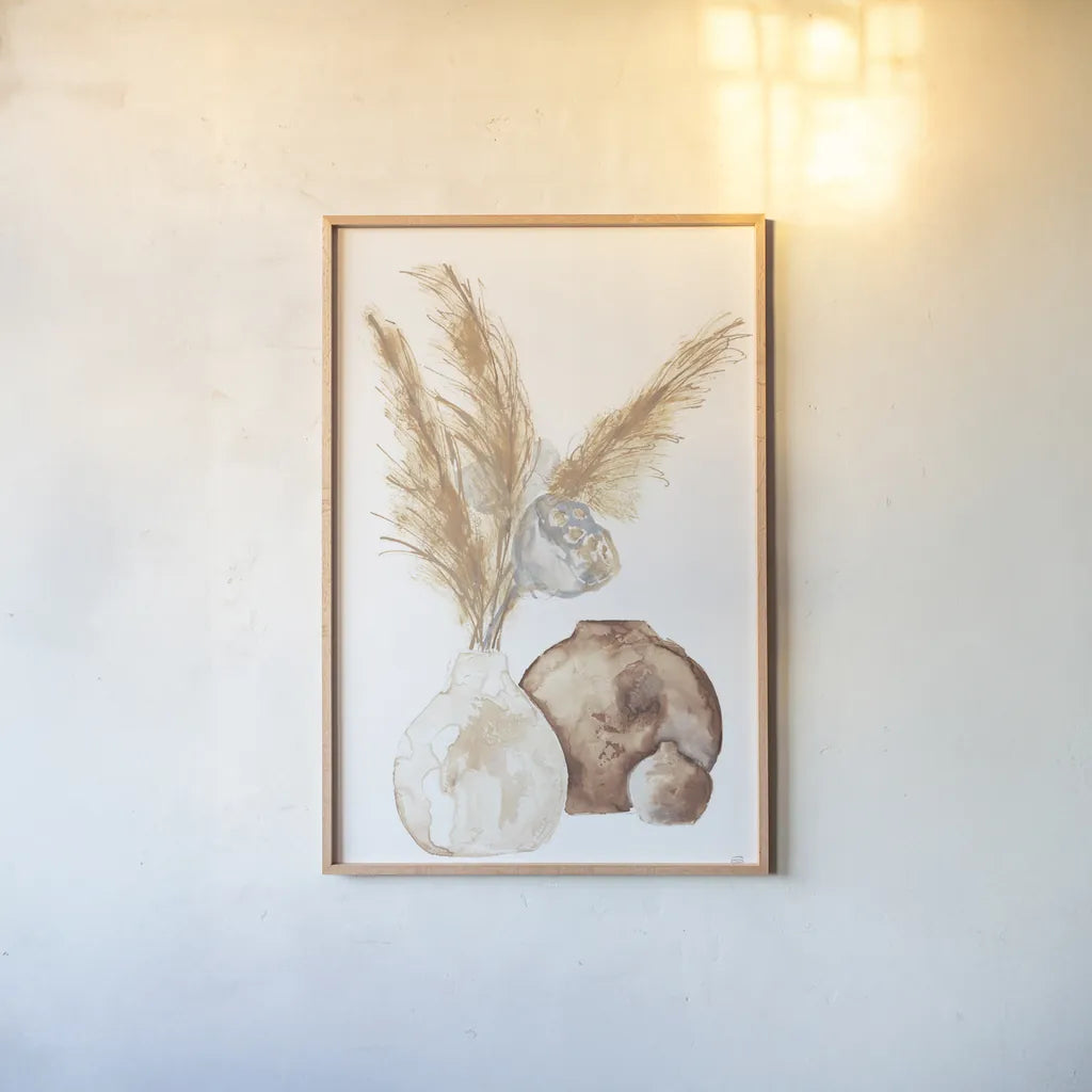 Vase Gray Lotus Pods by Chris Paschke. shown as a paper print in a natural frame. Available as a archival giclee rolled canvas, fine art paper, or poster print. SKU 75455h.