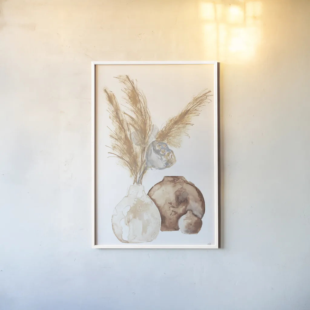 Vase Gray Lotus Pods by Chris Paschke. shown as a paper print in a white frame. Available as a archival giclee rolled canvas, fine art paper, or poster print. SKU 75455h.