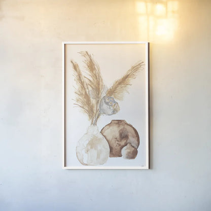 Vase Gray Lotus Pods by Chris Paschke. shown as a paper print in a white frame. Available as a archival giclee rolled canvas, fine art paper, or poster print. SKU 75455h.