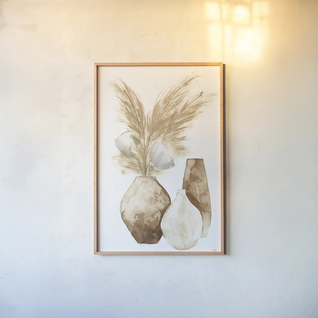 Vase Gray Pods by Chris Paschke. shown as a paper print in a natural frame. Available as a archival giclee rolled canvas, fine art paper, or poster print. SKU 75454h.