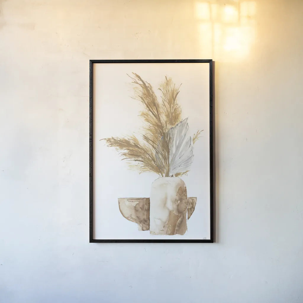 Vase Palm Leaf by Chris Paschke. shown as a paper print in a black flame. Available as a archival giclee rolled canvas, fine art paper, or poster print. SKU 75452h.