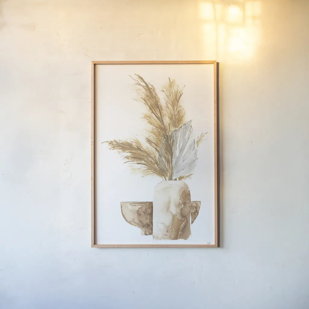 Vase Palm Leaf by Chris Paschke. shown as a paper print in a natural frame. Available as a archival giclee rolled canvas, fine art paper, or poster print. SKU 75452h.