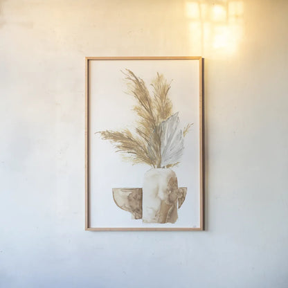 Vase Palm Leaf by Chris Paschke. shown as a paper print in a natural frame. Available as a archival giclee rolled canvas, fine art paper, or poster print. SKU 75452h.