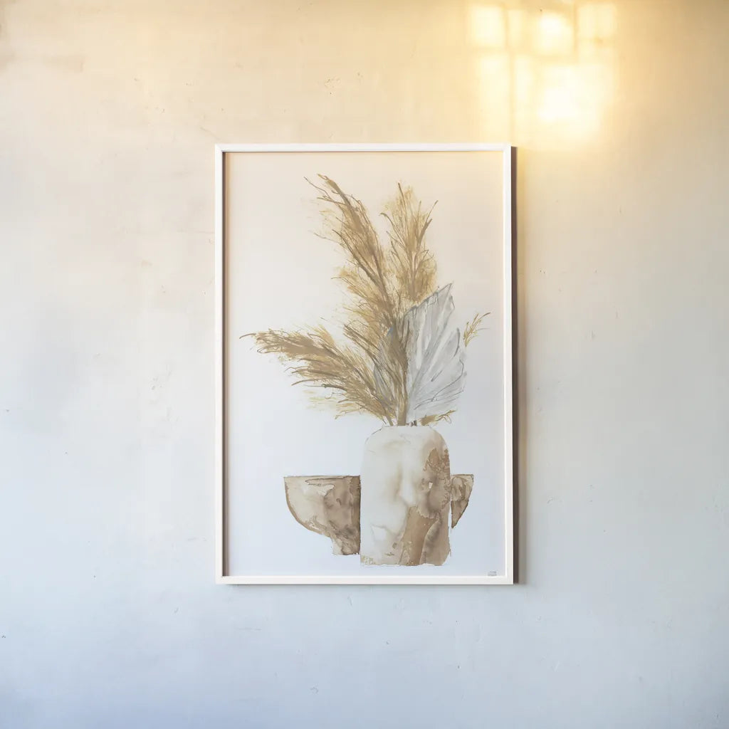 Vase Palm Leaf by Chris Paschke. shown as a paper print in a white frame. Available as a archival giclee rolled canvas, fine art paper, or poster print. SKU 75452h.