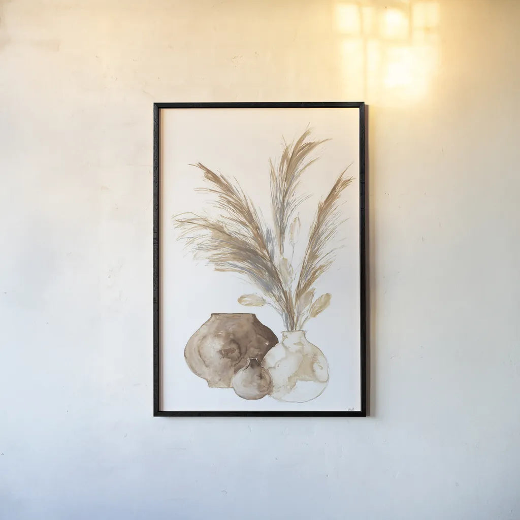 Vase Pampas by Chris Paschke. shown as a paper print in a black flame. Available as a archival giclee rolled canvas, fine art paper, or poster print. SKU 75456h.