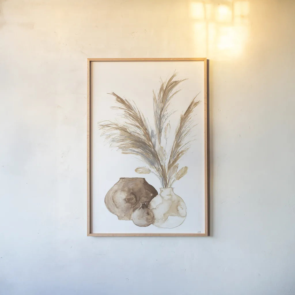 Vase Pampas by Chris Paschke. shown as a paper print in a natural frame. Available as a archival giclee rolled canvas, fine art paper, or poster print. SKU 75456h.