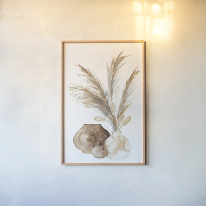 Vase Pampas by Chris Paschke. shown as a paper print in a natural frame. Available as a archival giclee rolled canvas, fine art paper, or poster print. SKU 75456h.