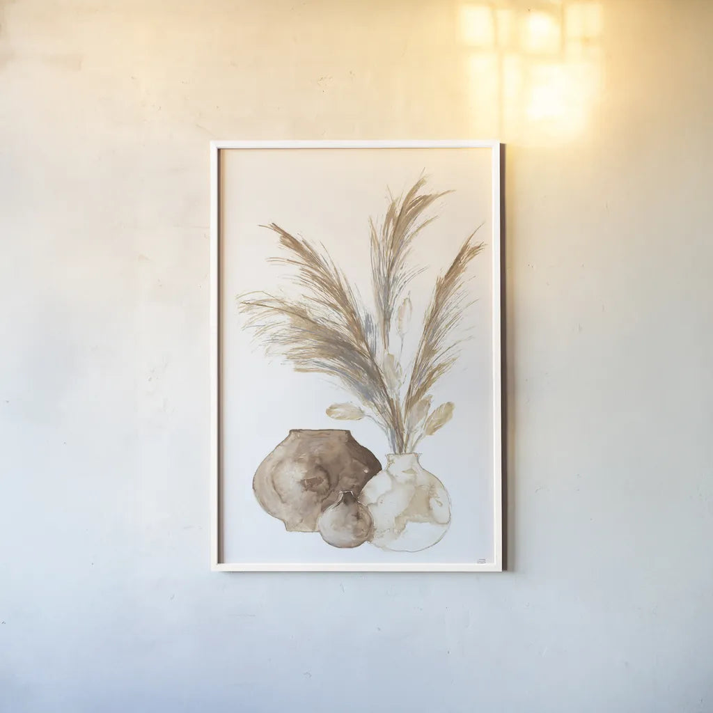Vase Pampas by Chris Paschke. shown as a paper print in a white frame. Available as a archival giclee rolled canvas, fine art paper, or poster print. SKU 75456h.