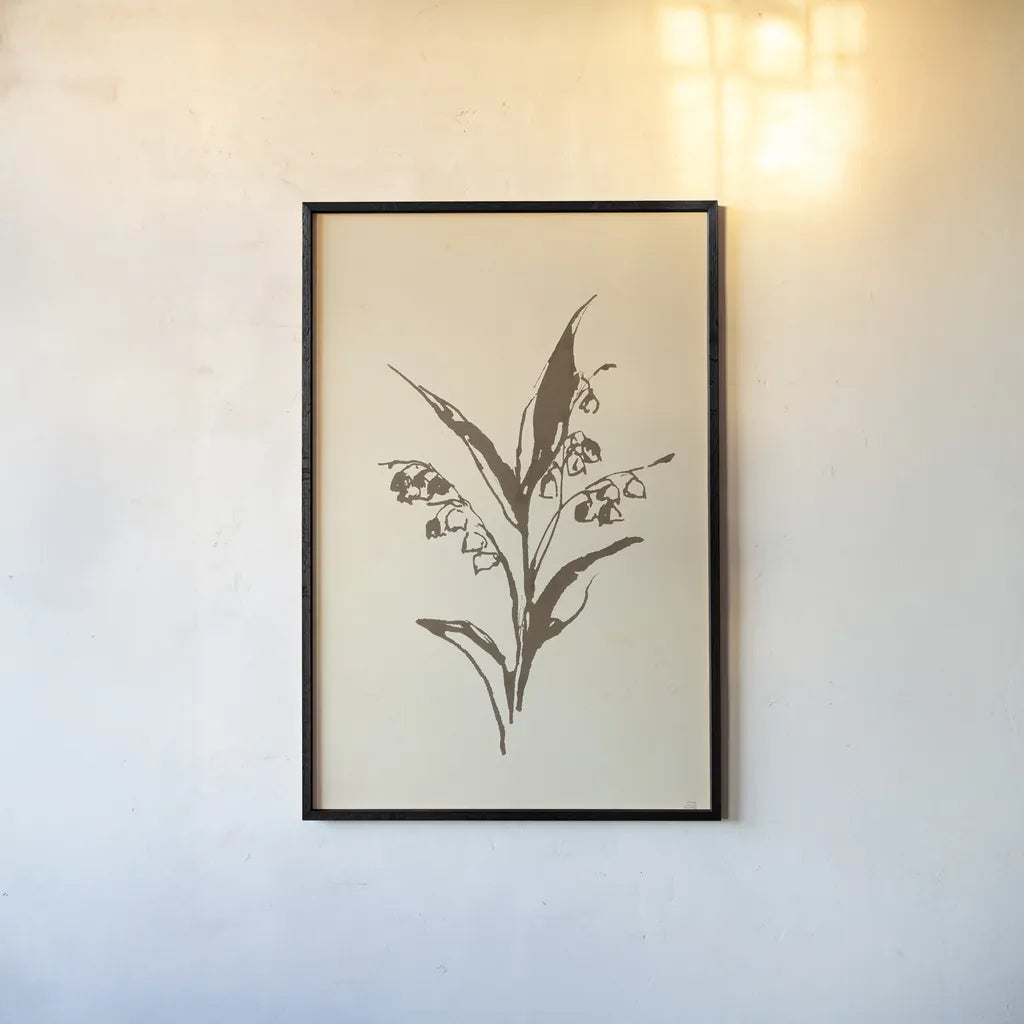 Vintage Line Lily of the Valley I by Chris Paschke. shown as a paper print in a black flame. Available as a archival giclee rolled canvas, fine art paper, or poster print. SKU 78813h.