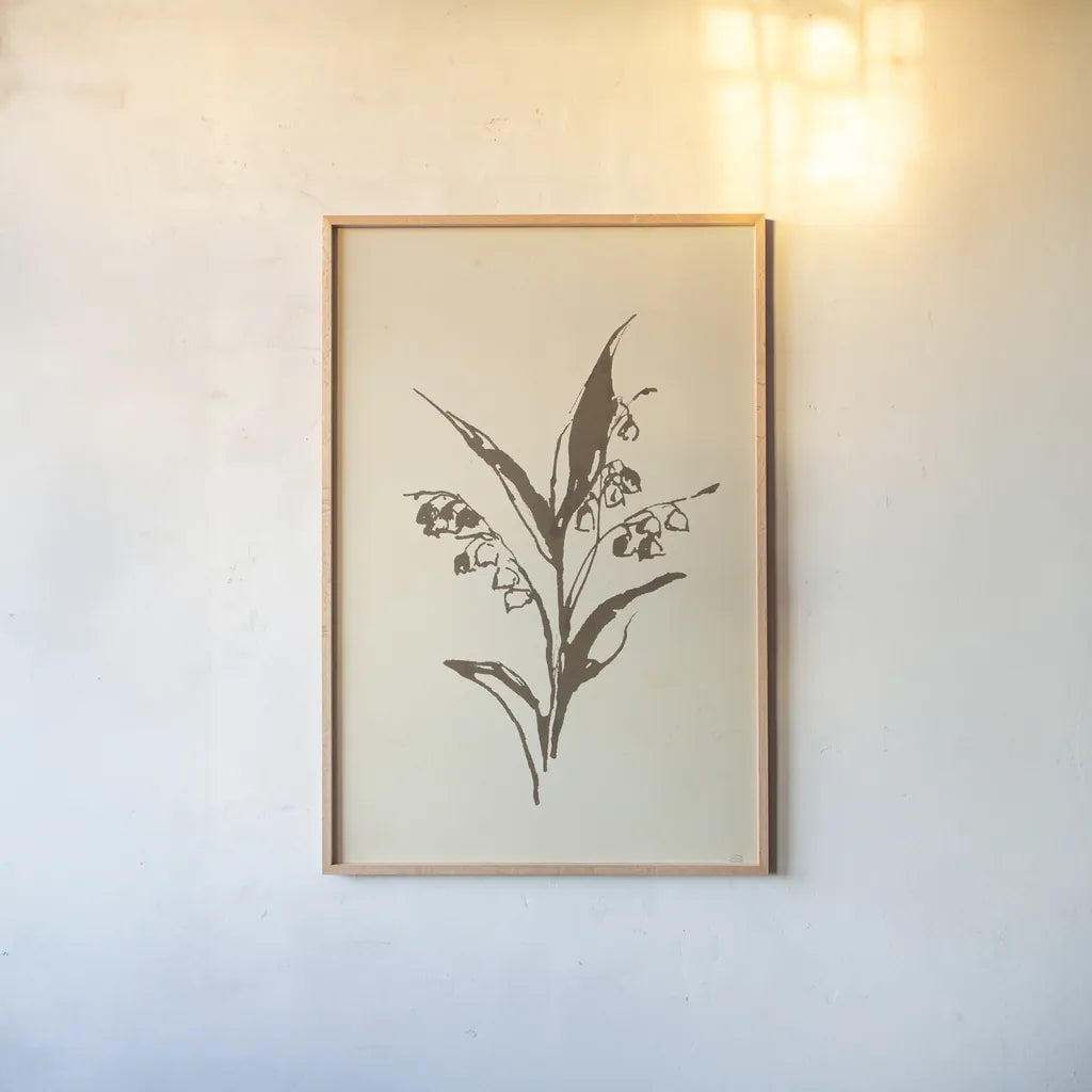 Vintage Line Lily of the Valley I by Chris Paschke. shown as a paper print in a natural frame. Available as a archival giclee rolled canvas, fine art paper, or poster print. SKU 78813h.