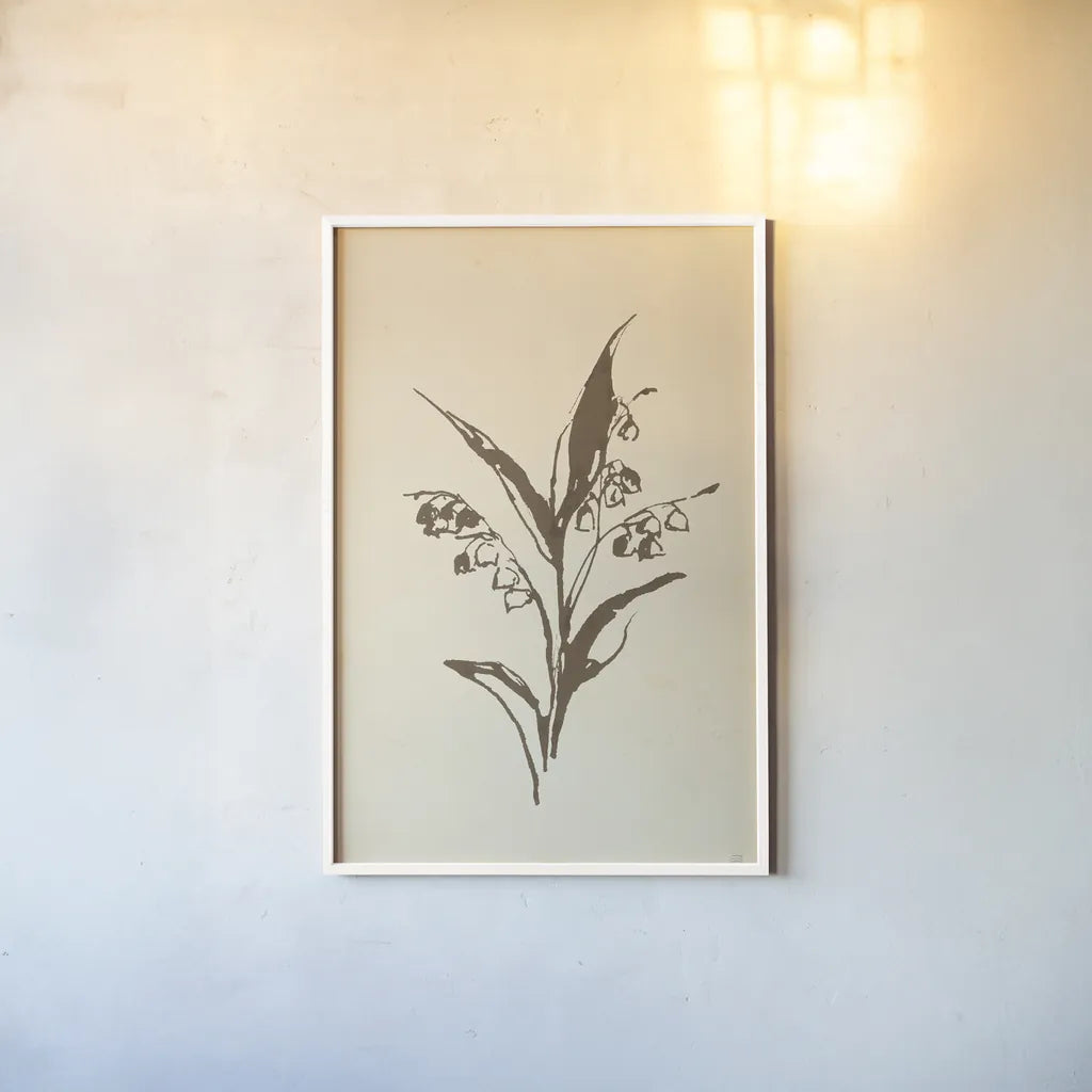 Vintage Line Lily of the Valley I by Chris Paschke. shown as a paper print in a white frame. Available as a archival giclee rolled canvas, fine art paper, or poster print. SKU 78813h.