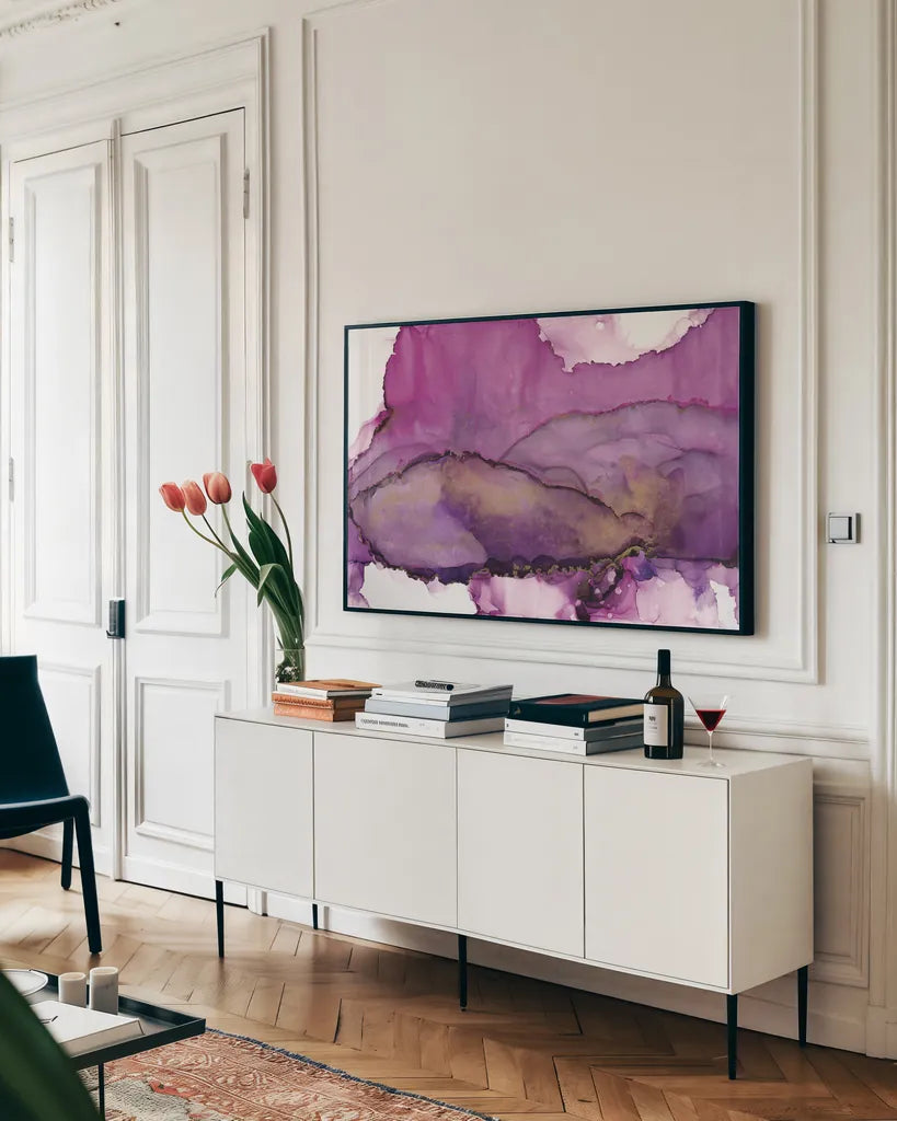 Violet by Chris Paschke. shown as a framed stretched canvas in a living room above a console. Available as a archival giclee rolled canvas, fine art paper, or poster print. SKU 65425i.