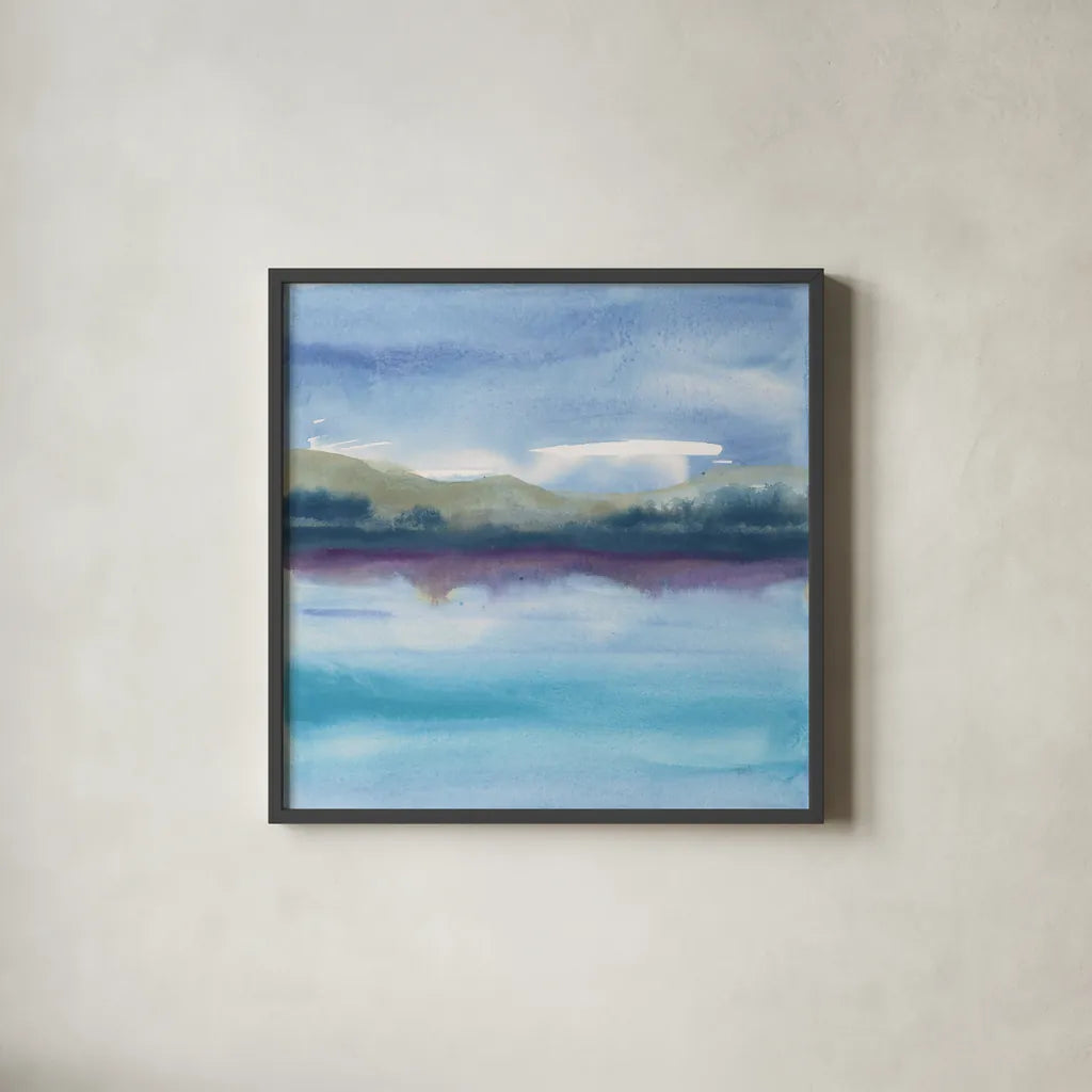 Violet Reflection I by Chris Paschke. Shown in a sleek black glass frame for a contemporary gallery look. Available as an archival giclee rolled canvas, fine art paper, or poster print. SKU 24084a.