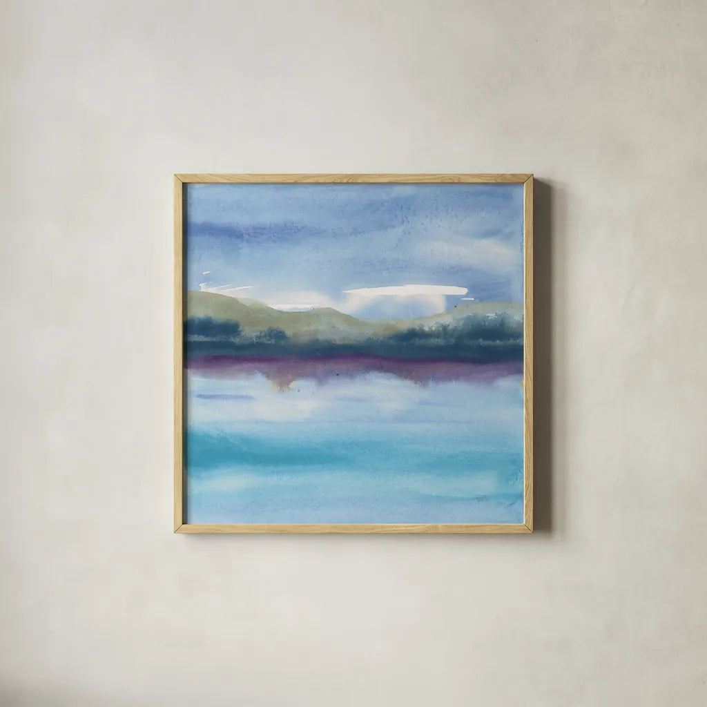 Violet Reflection I by Chris Paschke. Shown in a natural wood glass frame for a timeless modern aesthetic. Available as an archival giclee rolled canvas, fine art paper, or poster print. SKU 24084a.