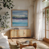Violet Reflection I by Chris Paschke. Shown in a natural wood frame in a cozy modern living room. Available as an archival giclee rolled canvas, fine art paper, or poster print. SKU 24084a.