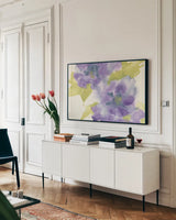 Violet and Gray II by Chris Paschke. shown as a framed stretched canvas in a living room above a console. Available as a archival giclee rolled canvas, fine art paper, or poster print. SKU 49052i.