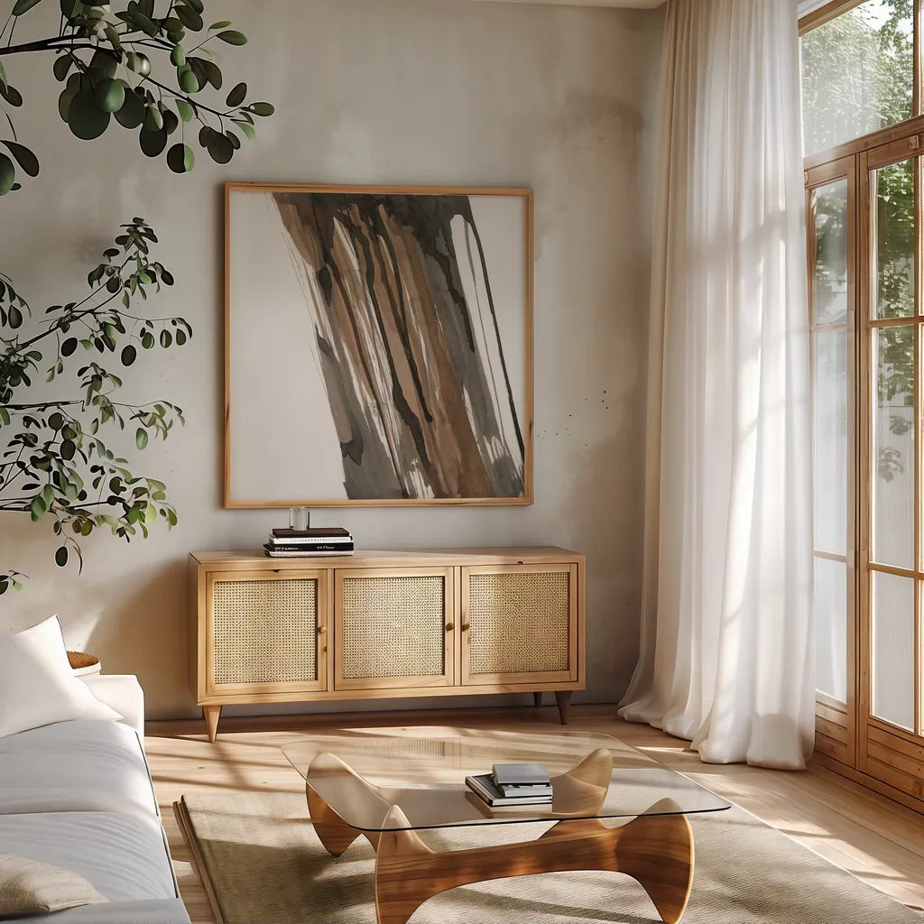 Walnut Falls I by Chris Paschke. Shown in a natural wood frame in a cozy modern living room. Available as an archival giclee rolled canvas, fine art paper, or poster print. SKU 78287a.