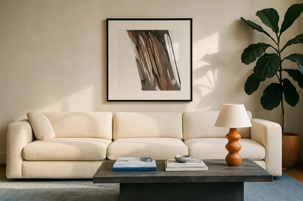 Walnut Falls I by Chris Paschke. Displayed in a glass frame with matte in a clean modern living room. Available as an archival giclee rolled canvas, fine art paper, or poster print. SKU 78287a.