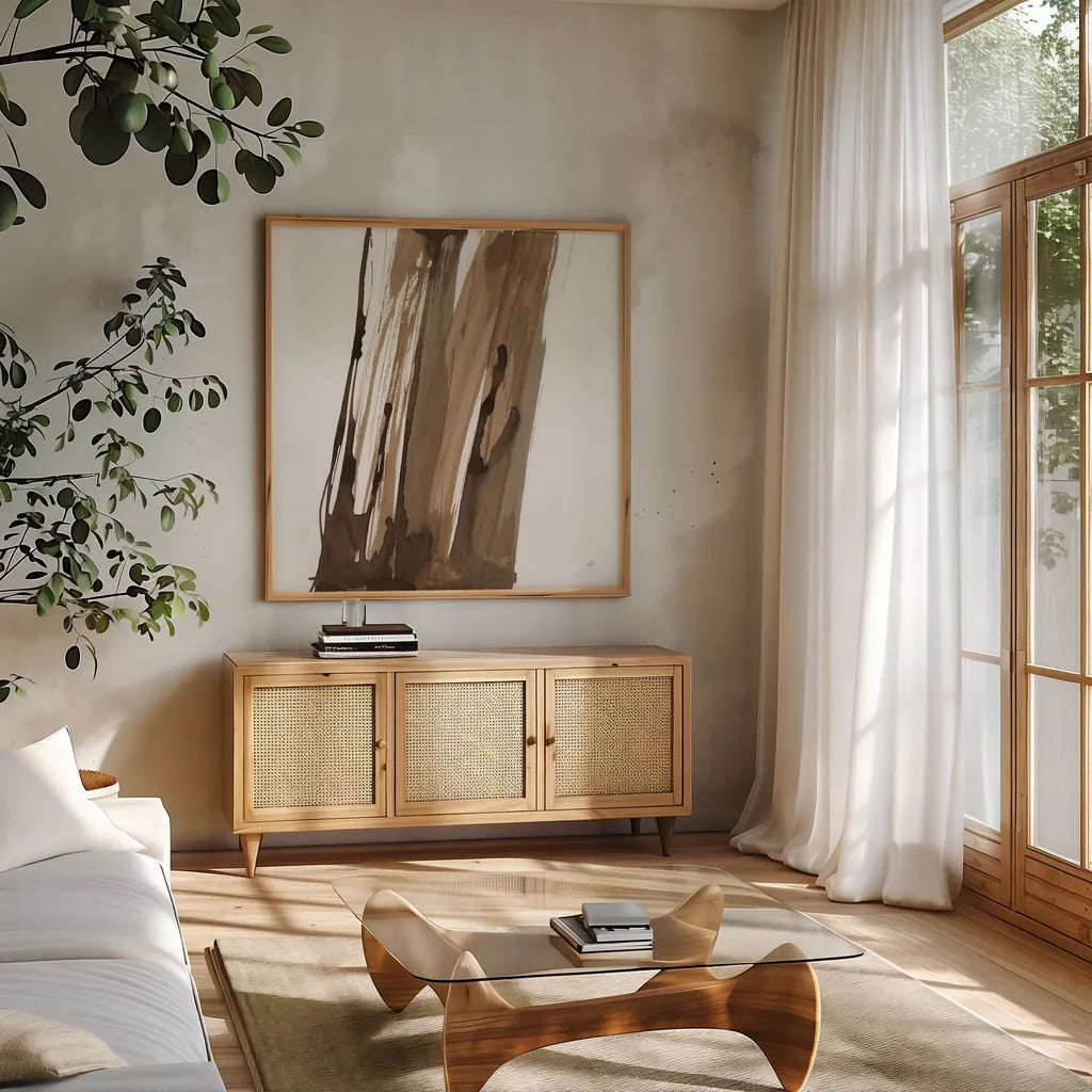 Walnut Falls II by Chris Paschke. Shown in a natural wood frame in a cozy modern living room. Available as an archival giclee rolled canvas, fine art paper, or poster print. SKU 78288a.