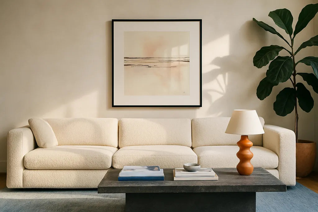 Walnut Minimal III by Chris Paschke. Displayed in a glass frame with matte in a clean modern living room. Available as an archival giclee rolled canvas, fine art paper, or poster print. SKU 86095a.