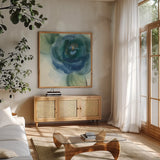 Wannabe Poppies I by Chris Paschke. Shown in a natural wood frame in a cozy modern living room. Available as an archival giclee rolled canvas, fine art paper, or poster print. SKU 34715a.