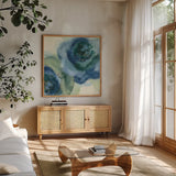 Wannabe Poppies II by Chris Paschke. Shown in a natural wood frame in a cozy modern living room. Available as an archival giclee rolled canvas, fine art paper, or poster print. SKU 34716a.
